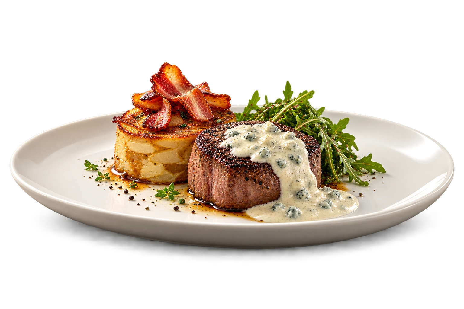 Lomo de ternera con queso azul, tortilla de papa, panceta y rúcula, presentación ilustrativa