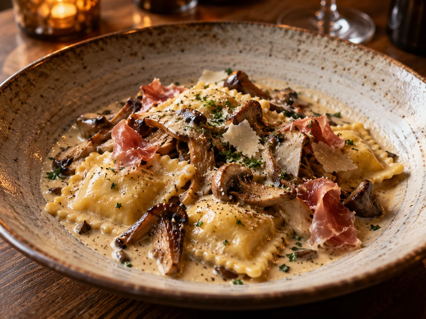 Ravioles con funghi e prosciutto, imagen ilustrativa